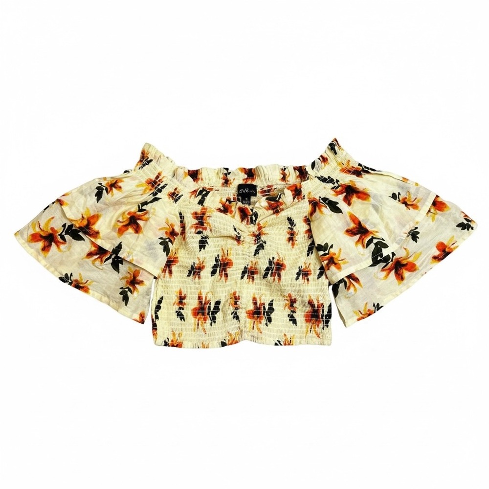 Love by Chesley Womens Smocked Off Shoulder Floral Crop Top Tiered Bell Sleeve M